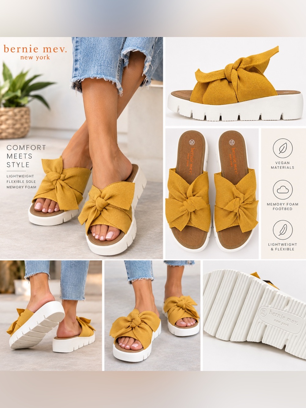 Bernie Mev Freesia Mustard Bow Platform Slide Sandals Women’s 5 NWT Vegan